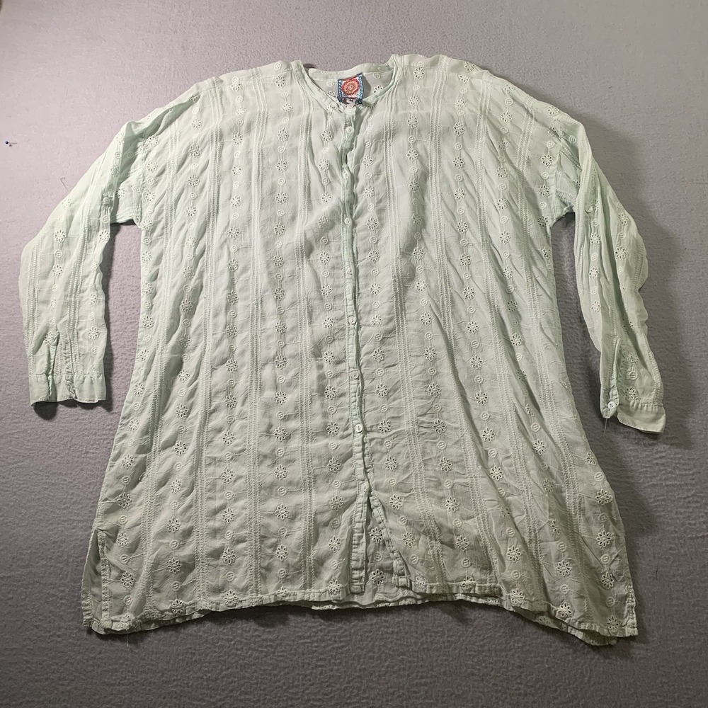 Johnny Was ~ Art to Wear ~ Aqua Eyelet Cupra Rayon Tunic Blouse Festival Boho M